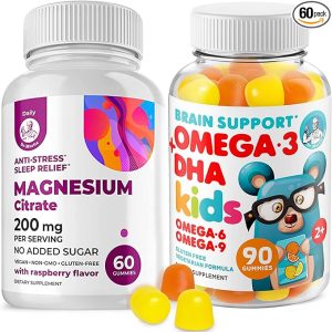 Omega3 Gummies for Kids with Omega 6&9 and Magnesium Gummies - DHA Children Brain Supplement for Heart and Vision Support – No Fish Oil and Gluten Free Immune Health with Sugar-Free Magnesium